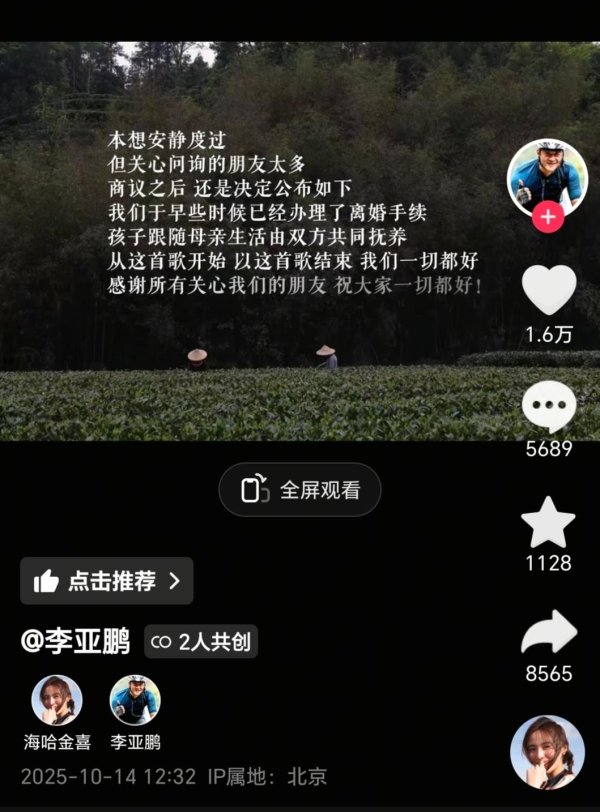 日升策略 李亚鹏与海哈金喜离婚，两人相差19岁育有一女，持股公司被执行总金额超4.6亿